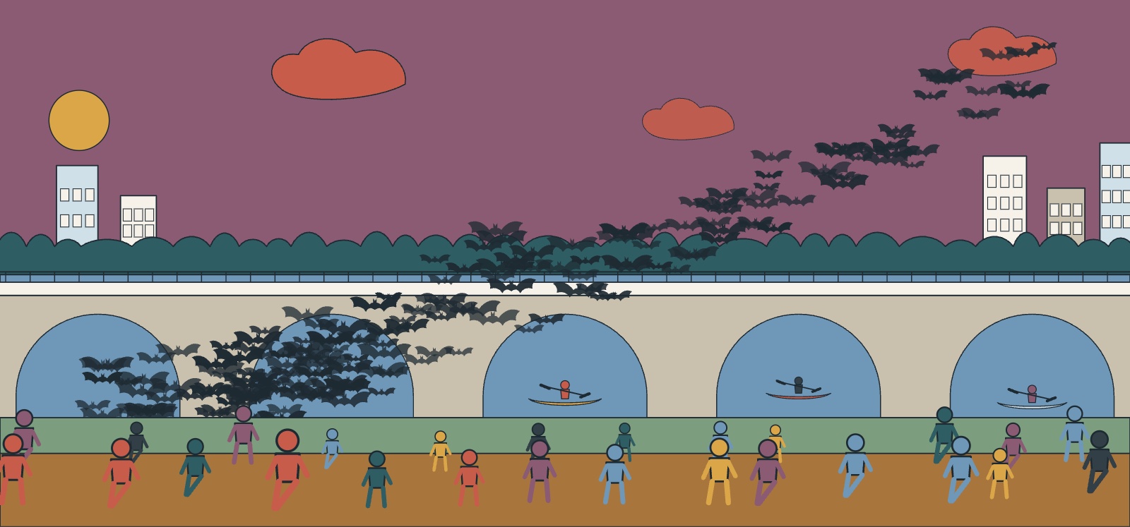 Illustration of bats streaming out from under the Congress Avenue bridge at dusk, with spectators on the bank and kayaks on the water