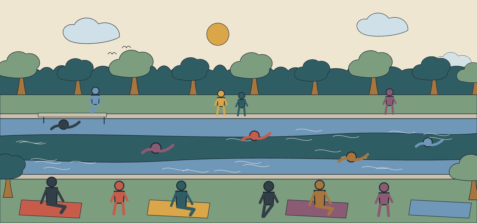 Illustration of Barton Springs: a long green spring-fed pool with swimmers, trees along the bank and a lawn